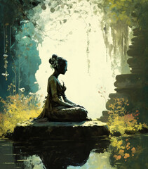 a painting illustration of a meditating asian woman statue on stone surrounded by a lake generative ai