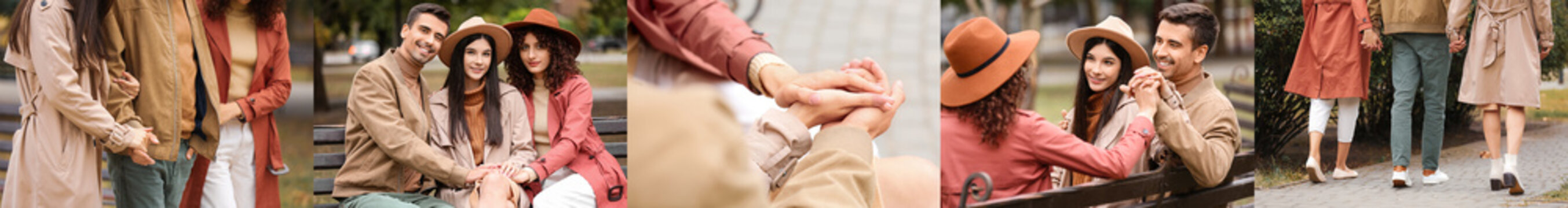 Collage of young polyamory family walking in park
