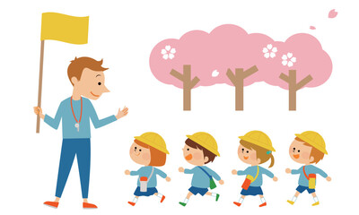 遠足に行く子供たちと先生のイラスト素材