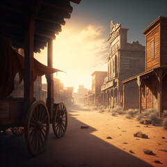 old west wagon on a western town with dusty roads and old wooden buildings Generative AI - obrazy, fototapety, plakaty