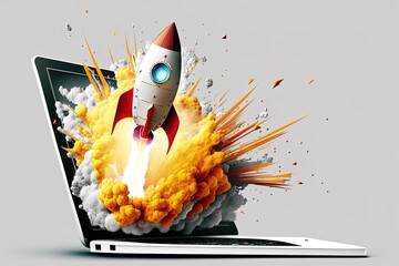 Rocket coming out of laptop screen, white background. AI digital illustration concept of ideas and start up. Generative AI - obrazy, fototapety, plakaty