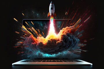 Rocket coming out of laptop screen, black background. AI digital illustration concept of ideas and start up. Generative AI - obrazy, fototapety, plakaty