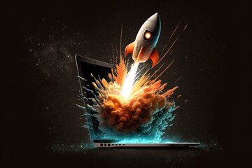 Rocket coming out of laptop screen, black background. AI digital illustration concept of ideas and start up. Generative AI