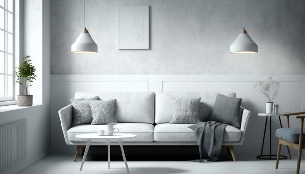 Modern interior sofa, white floor, green plants and table. wall illustration mock up. simple interior furniture design. ai generative illustration
