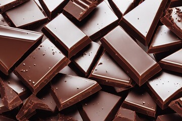 Close-up black chocolate bar pieces. Background with chocolate. Sweet food dessert concept, broken chocolate chunks.