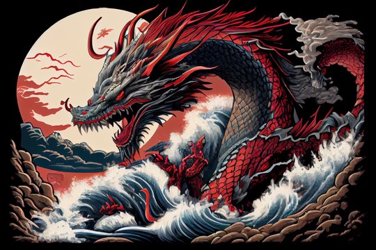 A highly detailed image of powerful dragon showing their full body, the character style will represent japan or Asian. Generative AI Illustration of ancient asian dragon on black background.