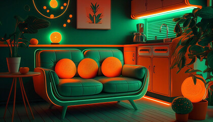 Ai generated. Warm orange and cold green light are shining with sparkles, setting a room in the new home. An acid and juicy oranges and lime decorating fancy furniture of a contemporary design house. 