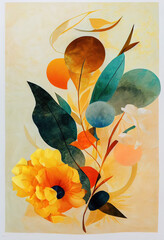Beautiful flowing  orange and teal watercolor painted flowers / bouquet, high quality scan print illustration. Generative AI.