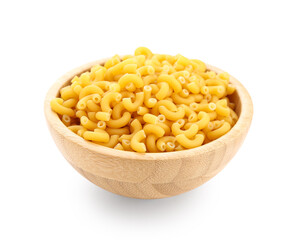 Wooden bowl of raw elbow pasta on white background