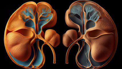 Human kidney anatomy, 3D illustration, horizontal, over black background. created by AI