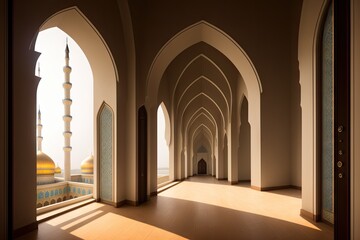 Fototapeta premium Islamic background painting. Mosque and shadows. Light rays from mosque window or door. Prayer's vision, generative ai. Muslim art.