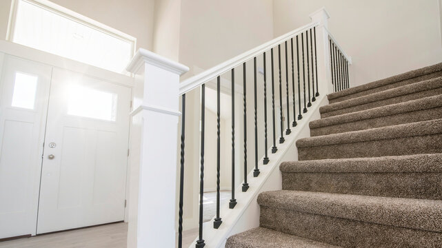 Panorama Sun flare Carpeted staircase with white newel post inside a house with white siding. There is a view of white front door with transom windows and glass panels and a gray wooden