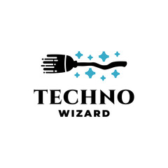 logo with illustration of a witch's broomstick with a technology theme