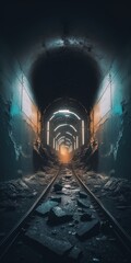 Antique abandoned Underground tunnel with rails. fear, Generative AI