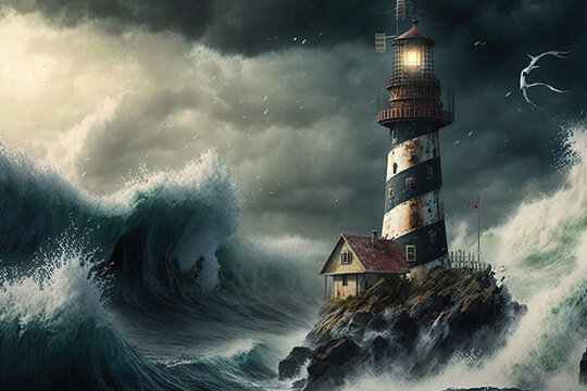 majestic lighthouse standing strong against the forces of nature. The lighthouse is surrounded by turbulent, dark waters and the sky is filled with ominous storm clouds Generative AI