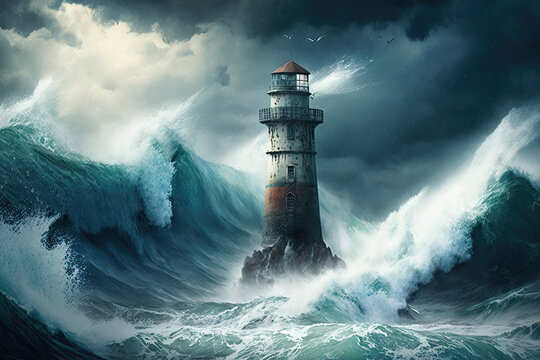 majestic lighthouse standing strong against the forces of nature. The lighthouse is surrounded by turbulent, dark waters and the sky is filled with ominous storm clouds Generative AI