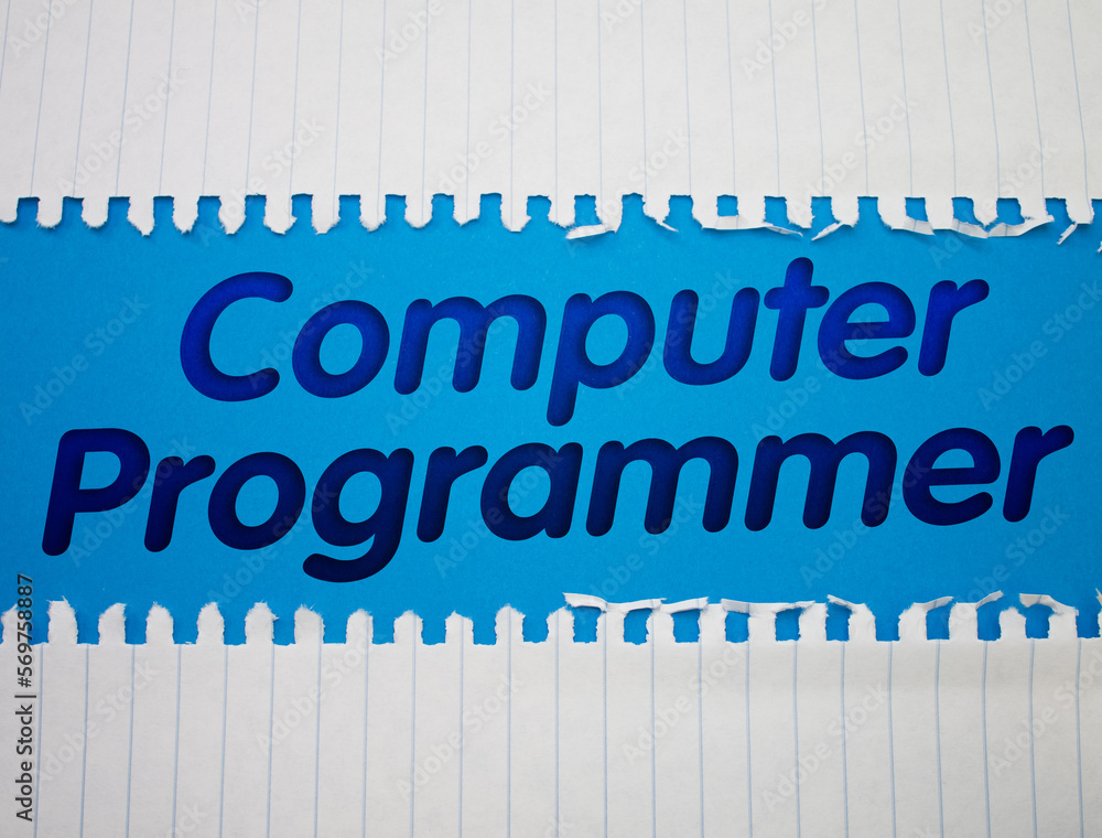 Poster computer programmer text with torn, crumpled white paper on colored background.