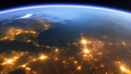 earth planet at night viewed from space with white city lights showing activity, Generative AI