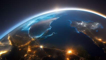 earth planet at night viewed from space with white city lights showing activity, Generative AI