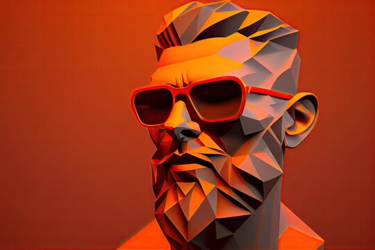 Bearded Man With Sunglasses On Solid Color Background, Focus On Face, Vector Art, Polycount, Faceted. Generative AI.