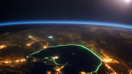 earth planet at night viewed from space with white city lights showing activity, Generative AI