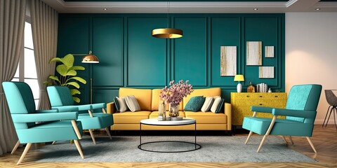 Interior design of modern apartment, turquoise sofa in living room, yellow armchairs, mock up wall, home design. Generative AI.