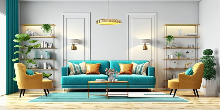 Interior design of modern apartment, turquoise sofa in living room, yellow armchairs, mock up wall, home design. Generative AI.