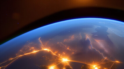 earth planet at night viewed from space with white city lights showing activity, Generative AI