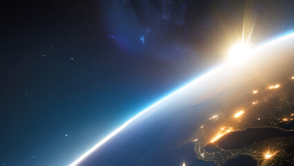 Obraz premium earth planet at night viewed from space with white city lights showing activity, Generative AI