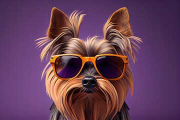 Yorkshire Terrier dog with sunglasses on solid color background, focus on face, vector art, polycount, faceted. Generative AI.