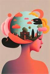 illustration of girl with a world on her head. Generative Ai. - obrazy, fototapety, plakaty
