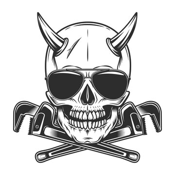 Viking skull with horns with construction plumbing wrench spanner tools and sunglasses accessory to protect eyes from bright sun vintage isolated vector illustration