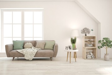 Fototapeta premium White living room with sofa. Scandinavian interior design. 3D illustration