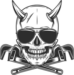 Viking skull with horns with construction plumbing wrench spanner tools and sunglasses accessory to protect eyes from bright sun vintage isolated illustration