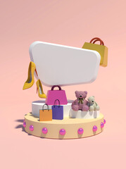 White podium with fashion item and doll 3d render in yellow and nude color. Background for valentine's day, mother's day or children's day shopping banner.