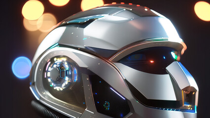 Fototapeta premium portrait of a cyborg robot head with abstract defocused lights, artificial intelligence, new technologies, Generative AI