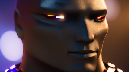 portrait of a cyborg robot head with abstract defocused lights, artificial intelligence, new technologies, Generative AI
