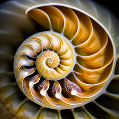 A closeup of a snail's spiral shell, Helix pomatia - Generative AI