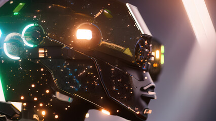portrait of a cyborg robot head with abstract defocused lights, artificial intelligence, new technologies, Generative AI