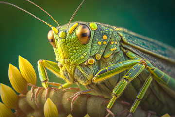 Fototapeta premium closeup of a grasshopper's green camouflage, Chorthippus parallelus, Meadow Grasshopper - Generative AI