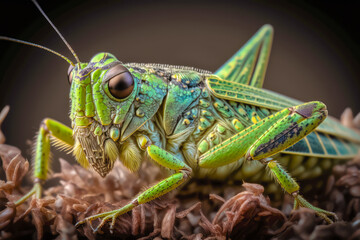 closeup of a grasshopper's green camouflage, Chorthippus parallelus, Meadow Grasshopper - Generative AI