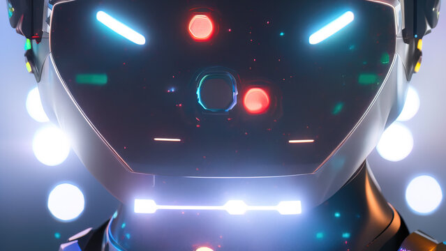 portrait of a cyborg robot head with abstract defocused lights, artificial intelligence, new technologies, Generative AI