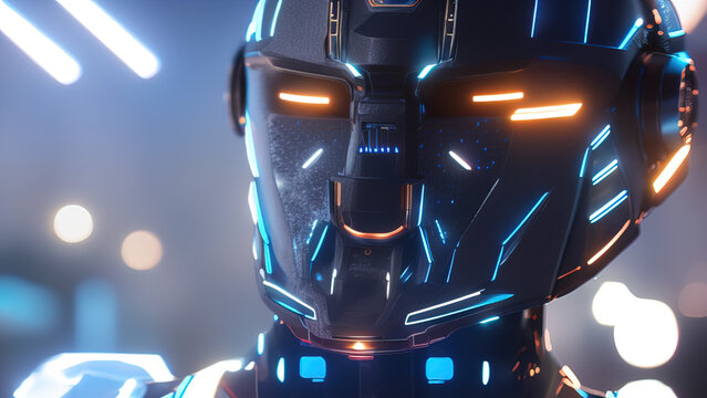 portrait of a cyborg robot head with abstract defocused lights, artificial intelligence, new technologies, Generative AI