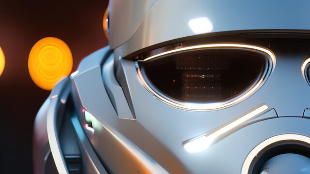 portrait of a cyborg robot head with abstract defocused lights, artificial intelligence, new technologies, Generative AI
