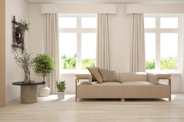 Fototapeta premium White living room with sofa and summer landscape in window. Scandinavian interior design. 3D illustration