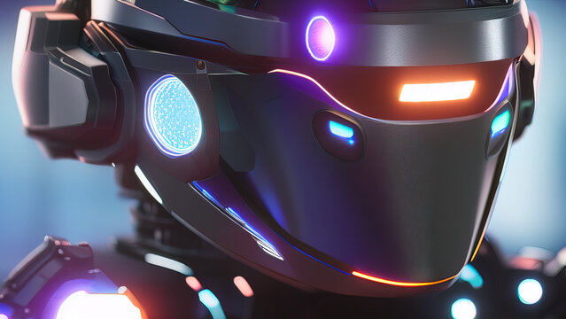 portrait of a cyborg robot head with abstract defocused lights, artificial intelligence, new technologies, Generative AI