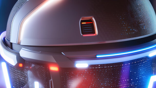 portrait of a cyborg robot head with abstract defocused lights, artificial intelligence, new technologies, Generative AI