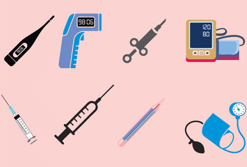 Medical device icons set. Digital and old thermometer,blood glucose meter, respirator. Blood pressure equipment, syringe. Health equipment, editable vector, easy to change color or size or manipulate.