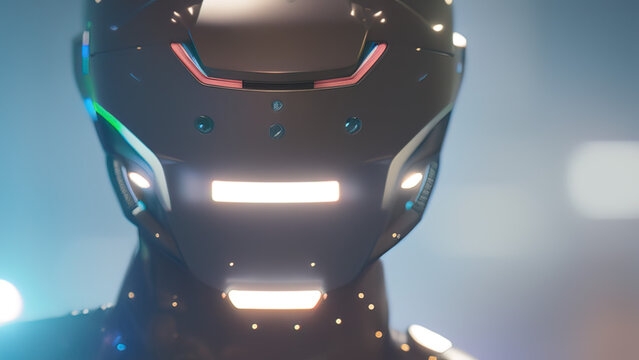 portrait of a cyborg robot head with abstract defocused lights, artificial intelligence, new technologies, Generative AI