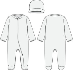 Infant Baby Toddler Long-sleeve Zip-up One piece and Beanie  Bodysuit Mockup Sketch Template Technical CAD Illustration